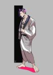  1boy barefoot from_side hair_over_one_eye horns japanese_clothes male_focus nakiri_0405 one_piece page_one_(one_piece) purple_hair simple_background solo tattoo 