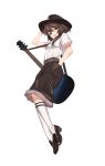  1girl :d absurdres belt belt_buckle black_footwear black_headwear blush brown_belt brown_eyes brown_hair brown_pants buckle chinese_commentary commentary full_body guitar hair_between_eyes hand_in_pocket hand_on_headwear hand_up hat high_heels highres instrument kneehighs long_hair open_mouth over_shoulder pants ribbon-trimmed_sleeves ribbon_trim shirt short_sleeves simple_background smile solo touhou usami_renko wb_yimo white_background white_legwear white_shirt 