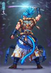  1boy adapted_costume aqua_eyes arm_up armor back_tattoo blue_fur blue_hair blue_sash character_tattoo clenched_hand commentary dragon_ball english_commentary from_behind full_body glowing gogeta guillem_dauden high_ponytail holding holding_sword holding_weapon japanese_clothes katana knot looking_back male_focus monkey_tail muscular muscular_male pants ponytail rope sandals sash sheath shiny signature solo son_goku spiky_hair standing super_saiyan super_saiyan_blue sword tail tattoo topless_male vambraces vegeta weapon 