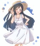  1girl black_eyes black_hair blush bow collarbone dress hat head_tilt highres jewelry kokonatsu_(kokonatsummer) leaning_forward long_hair looking_at_viewer love_live! love_live!_nijigasaki_high_school_idol_club necklace side_ponytail sketch solo sun_hat v white_background white_bow white_dress yuuki_setsuna_(love_live!) 