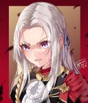  1girl artist_name bangs black_jacket blue_ribbon brown_background clenched_teeth commentary dated edelgard_von_hresvelg fire_emblem fire_emblem:_three_houses forehead grey_hair hair_ribbon jacket kobutanori long_hair looking_at_viewer parted_bangs red_background red_shirt ribbon shirt solo teeth two-tone_background upper_body violet_eyes 