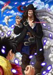  2boys crossover hat highres ismaindahouse jack_sparrow jewelry long_hair looking_at_another monkey_d._luffy multiple_boys one_piece open_mouth pirate_costume pirate_hat pirates_of_the_caribbean ring smile 