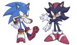  2boys artist_name black_fur blue_fur chronocrump gauntlets gloves green_eyes hand_on_hip highres legband male_focus multicolored_fur multiple_boys pointy_nose red_eyes red_fur shadow_the_hedgehog shoes smirk sonic_(series) sonic_the_hedgehog spiky_hair sweat sweatdrop twitter_username wristband 