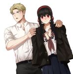  1boy 1girl belt black_hair blazer blonde_hair blue_eyes blush closed_mouth collared_shirt hairband half-closed_eyes haoho jacket looking_at_viewer open_mouth pants pleated_skirt red_eyes red_hairband sailor_collar school_uniform serafuku shirt short_sleeves sidelocks simple_background skirt spy_x_family twilight_(spy_x_family) wavy_mouth white_background yor_briar 