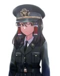  1girl bangs brown_eyes brown_hair closed_mouth dmitry_yazov frilled_hair_tubes frills frown hair_between_eyes hair_tubes hakurei_reimu hearts_of_iron highres looking_to_the_side medium_hair military military_uniform omsk sidelocks simple_background solo the_new_order_last_days_of_europe touhou uniform upper_body user_yumx3575 white_background 