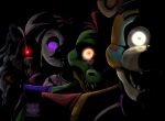  2boys 2girls artist_logo artist_name breaking chica dark fangs five_nights_at_freddy&#039;s five_nights_at_freddy&#039;s:_security_breach freddy_fazbear gamyservice glamrock_chica glamrock_freddy glowing glowing_eyes highres long_hair looking_at_viewer montgomery_gator multiple_boys multiple_girls open_mouth orange_eyes pads red_eyes robot roxanne_wolf_(fnaf) tongue twitter_username violet_eyes yellow_eyes 