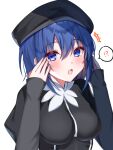  !? :o alternate_costume bangs black_dress black_headwear blue_eyes blue_hair blush breasts caren_hortensia caren_hortensia_(cosplay) ciel_(tsukihime) commentary_request cosplay dress eyebrows_visible_through_hair fate/hollow_ataraxia fate_(series) hair_between_eyes hat large_breasts long_sleeves looking_at_viewer sakura_(tariliko) short_hair simple_background sleeves_past_wrists speech_bubble sweatdrop tsukihime tsukihime_(remake) upper_body white_background 