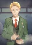  1boy blonde_hair explosive fadingz green_eyes green_jacket grenade highres holding holding_grenade jacket lapel_pin looking_at_viewer male_focus necktie red_necktie signature solo spy_x_family twilight_(spy_x_family) upper_body 