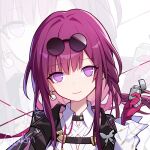  1girl bangs butterfly_brooch closed_mouth collared_shirt commentary earrings eyewear_on_head gloves holding holding_lighter honkai:_star_rail honkai_(series) jewelry kafka_(honkai:_star_rail) lighter long_hair long_sleeves looking_at_viewer pince-nez pink_gloves pink_hair portrait quan_(kurisu_tina) shirt single_earring smile solo string sunglasses violet_eyes white_shirt 