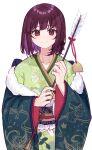  1girl arrow_(projectile) atelier_(series) atelier_sophie bangs blush braid brown_eyes brown_hair brown_ribbon closed_mouth collarbone commentary fingernails green_kimono hair_ornament hair_ribbon highres holding holding_arrow japanese_clothes kimono long_sleeves looking_at_viewer medium_hair ribbon ryuuno6 side_braid simple_background smile solo sophie_neuenmuller standing white_background wide_sleeves 
