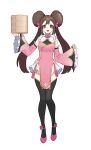  1girl alternate_costume bare_shoulders black_legwear brown_hair commentary_request detached_sleeves double_bun eyelashes frills full_body green_eyes hair_ribbon hands_up holding korean_commentary long_hair mongguri pink_footwear pink_ribbon pokemon pokemon_(game) pokemon_bw2 ribbon rosa_(pokemon) shoes simple_background solo standing thigh-highs twintails white_background 