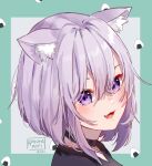  1girl :d animal_ear_fluff animal_ears artist_name bangs black_choker black_shirt blush cat_ears choker commentary_request dated eyebrows_behind_hair fang food green_background grey_background hair_between_eyes hololive kobutanori looking_at_viewer nekomata_okayu onigiri portrait purple_hair romaji_commentary shirt smile solo two-tone_background violet_eyes virtual_youtuber 