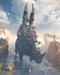  animal animal_focus bird castle chimney cliff clouds cloudy_sky day fleur_de_lis gregory_fromenteau harness highres no_humans original outdoors oversized_animal rhinoceros sailing_ship scenery ship sky tower towing tree watercraft 