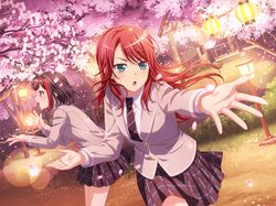 bang_dream! blush dress flower_petals green_eyes lantern long_hair mitake_ran official_art redhead sakura_tree school_uniform tree udagawa_tomoe