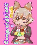  1girl animal_costume animal_ear_fluff animal_ears black_jacket blonde_hair coyopotato coyote_(kemono_friends) coyote_ears coyote_girl coyote_tail drinking gloves jacket kemono_friends kemono_friends_v_project microphone multicolored_hair open_clothes open_jacket shirt short_hair solo taku_san39 virtual_youtuber white_shirt yellow_eyes yellow_gloves 