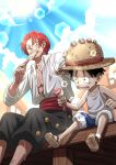 2boys black_hair child eating facial_hair food hand_on_another&#039;s_head hand_on_headwear hat hot ice_cream male_child male_focus monkey_d._luffy multiple_boys musasabiop one_piece outdoors redhead sandals shanks_(one_piece) shorts sleeveless straw_hat sweat