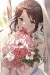  1girl bare_shoulders black_hair blue_eyes blue_ribbon blush bouquet bridal_gauntlets bridal_veil curly_hair dress ear_piercing flower hanetsuka happy holding holding_bouquet idolmaster idolmaster_shiny_colors leaf mitsumine_yuika open_mouth piercing ribbon rose smile solo tiara veil wedding_dress window 