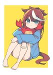 1girl absurdres animal_ears bangs bare_legs barefoot blue_eyes blue_jacket brown_hair closed_mouth commission commissioner_upload eyebrows_visible_through_hair feet full_body head_rest highres horse_ears horse_girl horse_tail jacket long_hair long_sleeves looking_at_viewer multicolored_hair object_hug sasakungoodsize sidelocks simple_background sitting skeb_commission solo streaked_hair stuffed_animal stuffed_crab stuffed_toy tail thighs toes tokai_teio_(umamusume) two-tone_hair umamusume yellow_background 