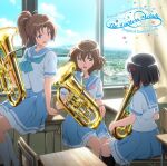  3girls :d album_cover artist_request bangs black_hair black_legwear blue_neckerchief blue_sailor_collar blue_skirt blue_sky blush bow brown_eyes brown_hair chair cityscape clouds cover curtains desk euphonium gekijouban_hibike!_euphonium green_neckerchief hair_bow hibike!_euphonium highres hisaishi_kanade holding holding_instrument indoors instrument kitauji_high_school_uniform long_hair multiple_girls nakagawa_natsuki neckerchief official_art open_mouth oumae_kumiko pink_neckerchief pleated_skirt ponytail red_bow red_eyes sailor_collar school_uniform serafuku shirt short_hair short_sleeves sitting skirt sky smile socks violet_eyes white_legwear white_shirt window 