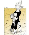  2boys bare_shoulders black_border blood blood_on_arm bodysuit boots border child commentary_request dougi dragon_ball dragon_ball_z father_and_son from_behind gloves hand_on_another&#039;s_head hug majin_vegeta male_child male_focus multiple_boys muscular muscular_male outside_border scuffed senka-san spiky_hair spot_color standing super_saiyan super_saiyan_1 super_saiyan_2 torn_clothes trunks_(dragon_ball) twitter_username vegeta veins wristband 