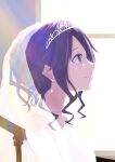  1girl alfred0444 backlighting bangs bare_shoulders black_hair blue_eyes braid braided_bun bridal_veil curly_hair dress ear_piercing highres idolmaster idolmaster_shiny_colors mitsumine_yuika piercing profile railing see-through smile solo tiara veil wedding_dress 