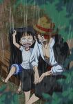  2boys :d black_hair child coat coat_on_head coat_on_shoulders from_above grin hat male_focus monkey_d._luffy multiple_boys musasabiop one_piece outdoors plant rain redhead sandals shanks sitting sleeves_rolled_up smile straw_hat 