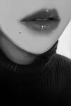  1girl close-up greyscale head_out_of_frame highres lipstick makeup mole mole_under_mouth monochrome narue original parted_lips simple_background solo sweater white_background 