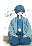  1boy bangs blue_eyes blue_hair blue_kimono closed_mouth commentary_request dated falkner_(pokemon) falling_petals full_body hair_over_one_eye hakama hakama_pants hands_on_own_thighs haori highres jacket japanese_clothes kimono looking_at_viewer male_focus open_clothes open_jacket pants petals pokemon pokemon_(game) pokemon_hgss short_hair signature sitting solo tamura_(kouititamura) 