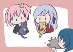  3girls ahoge aizawa_kazuha animal animalization assault_lily bangs black_shirt blue_hair border cat chibi clover_hair_ornament commentary_request cropped_torso grey_cat grey_hair hair_ornament hair_ribbon herensuge_girls_academy_school_uniform highres hitotsuyanagi_riri holding holding_animal holding_cat kabayaki_(kabayaki_eel) kanba_girls_high_school_uniform kon_kanaho long_hair long_sleeves looking_at_another looking_at_viewer miyagawa_takane motion_lines multiple_girls no_mouth one_side_up outside_border pink_hair profile purple_cat purple_ribbon red_border red_shirt ribbon sasaki_ran school_uniform shirai_yuyu shirt short_hair sidelocks simple_background solid_oval_eyes white_background white_shirt yellow_cat yurigaoka_girls_academy_school_uniform 