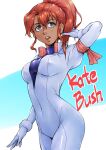  1girl blue_eyes breasts gundam highres kate_bush medium_breasts open_mouth pilot_suit ponytail redhead saika_(pixiv43370196) short_hair shrike_team_(victory_gundam) two-tone_background undershirt unzipped victory_gundam 