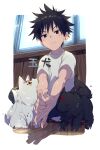  1boy 2others black_fur black_hair closed_eyes closed_mouth commentary_request day dog echo_(circa) fushiguro_megumi indoors jujutsu_kaisen kneeling looking_at_another looking_at_viewer male_focus messy_hair multiple_others multiple_tails outstretched_arms own_hands_together shirt short_hair short_sleeves solo_focus spiky_hair tail translation_request triangle white_fur white_shirt window wooden_floor wooden_wall 