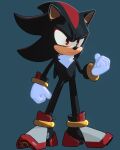  1boy black_fur clenched_hands drexis_anim frown gauntlets gloves legband looking_to_the_side male_focus multicolored_fur pointy_nose red_eyes red_fur shadow_the_hedgehog shoes solo sonic_(series) spiky_hair white_fur wristband 