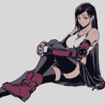  1girl asymmetrical_bangs bangs black_hair black_legwear breasts brown_eyes earrings elbow_pads final_fantasy final_fantasy_vii final_fantasy_vii_remake fingerless_gloves gloves grey_background highres jewelry large_breasts leg_up long_hair low-tied_long_hair midriff oimo_(oimkimn) own_hands_clasped own_hands_together shirt sitting skirt solo suspender_skirt suspenders thigh-highs tifa_lockhart white_shirt 