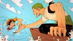  2boys dam_(okdam3) grabbing green_hair haramaki hat highres holding_hands male_focus monkey_d._luffy multiple_boys ocean one_piece open_mouth outdoors pulling roronoa_zoro short_sleeves 