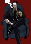  1boy alternate_costume black_hair cigar couch crocodile_(one_piece) crossed_legs formal gimaug hair_slicked_back highres holding holding_newspaper hook_hand male_focus necktie newspaper one_piece scar scar_on_face sitting smoking solo suit 