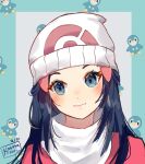  1girl artist_name beanie blue_background blue_eyes blue_hair blush closed_mouth commentary dated forehead grey_background hair_ornament hairclip hat hikari_(pokemon) jacket kobutanori long_hair looking_at_viewer piplup pokemon pokemon_(game) pokemon_dppt red_jacket smile solo two-tone_background upper_body white_headwear 