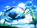  araquanid blue_eyes clouds commentary_request day lens_flare looking_at_viewer no_humans ohhhhhhtsu outdoors pokemon pokemon_(creature) ripples sky solo twitter_username water 