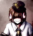 1boy animal_skull ayayato black_hair black_ribbon black_top_hat brown_hair collared_shirt curled_horns demon demon_boy demon_horns dress_shirt evil_grin evil_smile fang fangs feet_out_of_frame flower gold_ribbon golden_flower golden_rose grin hair_covering_eyes hat lower_teeth male_focus male_only multicolored_ribbon no_humans pocket_mirror ribbon rose shirt_collar_down skull smile strange_boy teeth top_hat upper_body upper_teeth white_shirt