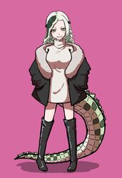  1girl alternate_costume black_footwear blush boots commentary_request dress eyebrows_visible_through_hair full_body fur_trim green_eyes green_hair green_jacket hands_in_pockets highres jacket kemono_friends lizard_tail long_hair looking_at_viewer multicolored_hair namake-neko reptile_girl saltwater_crocodile_(kemono_friends) smile solo sweater sweater_dress tail thigh_boots turtleneck turtleneck_sweater two-tone_hair white_fur white_sweater 