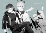 2boys arknights barcode black_hair black_shirt carrying cowboy_shot executor_(arknights) halo highres hood horns junchao male_focus mechanical_halo monochrome multiple_boys oripathy_lesion_(arknights) pointy_ears princess_carry shirt sweat toned white_hair wings younger 