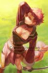  1girl alternate_costume breasts choker closed_mouth fire_emblem fire_emblem_awakening highres holding holding_sword holding_weapon large_breasts leather_belt picnicic red_eyes redhead short_hair sully_(fire_emblem) sword thighs upper_body weapon 