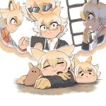  1girl alternate_costume black_jacket blonde_hair blush choker closed_eyes collared_shirt commentary_request coyopotato coyote_(kemono_friends) coyote_ears coyote_girl extra_ears formal glasses gloves grey_jacket highres jacket kemono_friends kemono_friends_v_project long_sleeves mcgunngu microphone multicolored_hair multiple_views notebook red_shirt shirt short_hair smile spaghetti_strap sparkle suit sunglasses virtual_youtuber white_choker white_hair white_shirt yellow_gloves 