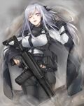  1girl ak-12 ak-12_(girls&#039;_frontline) assault_rifle black_gloves black_pants breasts girls_frontline gloves grey_hair gun highres kalashnikov_rifle large_breasts long_hair long_sleeves magazine_(weapon) marche_mk14 one_eye_closed pants partially_fingerless_gloves rifle solo standing tactical_clothes violet_eyes weapon 