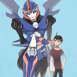  1boy 1girl arcee black_eyes black_hair black_pants black_sclera blue_background blue_eyes blush brown_shirt colored_sclera hand_on_hip jackson_darby looking_to_the_side looking_up mecha pants shirt smile strawberrybit transformers transformers_prime 