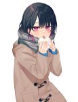  1girl achiki bangs black_hair blunt_bangs blush brown_coat coat eyebrows_visible_through_hair food grey_scarf hair_between_eyes highres holding holding_food looking_at_viewer open_mouth original scarf simple_background solo violet_eyes white_background 
