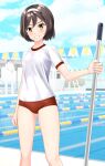  1girl absurdres black_hair blue_sky buruma clouds commentary_request cowboy_shot day fantia_commission feet_out_of_frame grin gym_shirt gym_uniform hairband highres kantai_collection lane_line looking_at_viewer mop outdoors pool red_buruma shirt short_hair sky smile solo string_of_flags t-shirt takafumi tanikaze_(kancolle) white_hairband white_shirt yellow_eyes 