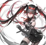  1girl black_dress black_hair cleavage_cutout clothing_cutout dress earrings hair_ornament jewelry looking_at_viewer lucia_(punishing:_gray_raven) multicolored_hair open_mouth punishing:_gray_raven red_eyes sawamaharu solo strap sword twintails two-tone_hair weapon 