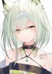  1girl :o animal_ear_fluff animal_ears arknights bare_shoulders buckle cat_ears collar collarbone dated dress green_dress grey_hair halter_dress halterneck head_tilt highres kal&#039;tsit_(arknights) looking_at_viewer ookamisama parted_lips short_hair signature simple_background solo upper_body white_background yellow_eyes 