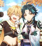  2boys aether_(genshin_impact) ahoge arm_tattoo armor artist_request bead_necklace beads blonde_hair cape closed_eyes closed_mouth crop_top earrings genshin_impact gloves green_hair jewelry male_focus midriff multicolored_hair multiple_boys navel necklace open_mouth single_bare_shoulder single_earring smile source_request stomach tattoo white_cape xiao_(genshin_impact) yellow_eyes 
