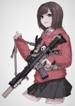  1girl absurdres alma01 bangs black_skirt blush brown_eyes brown_hair collared_shirt eyebrows_behind_hair grey_background gun highres holding holding_gun holding_weapon hood hoodie looking_at_viewer necktie open_mouth real_life red_hoodie red_necktie shirt short_hair skirt sleeves_past_wrists solo weapon white_shirt 